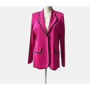Misook Jacket Cardigan Sweater Pink Black Trim Long Sleeve Notch Lapel Button 1X